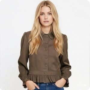 Juicy Couture Jacket Button Down Ruffle Hem & Cuffs Brown Green Size 12
